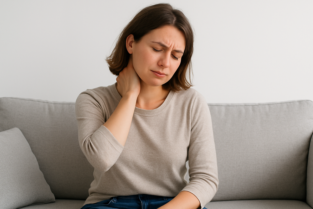 make a lady sad eith neck pain, make ot look natural where she is sittin gon a couch in a whiyte background envirnomanet